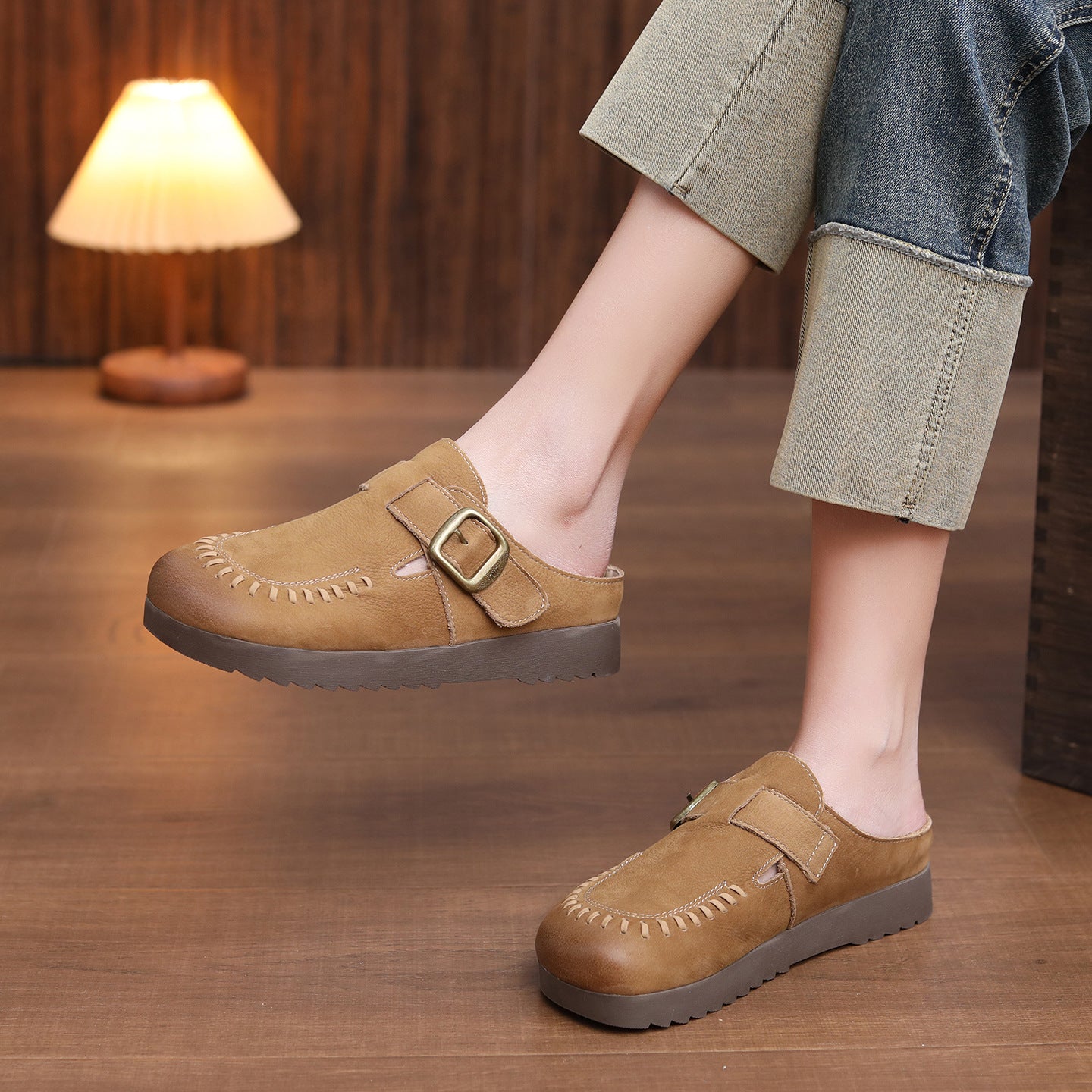 Women's Vintage Leather Mules - Hand-Stitched Artisanal Buckle Slides
