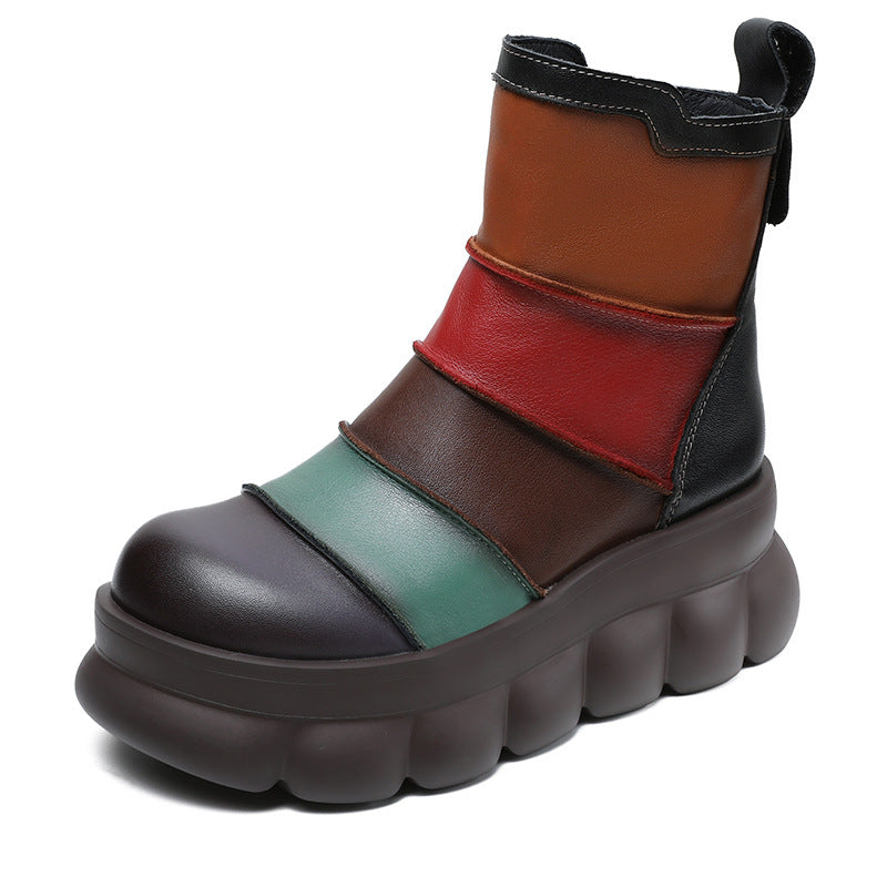 Women's Rainbow Avant-Garde Color-Block Platform Boots Leather Zipper Closure
