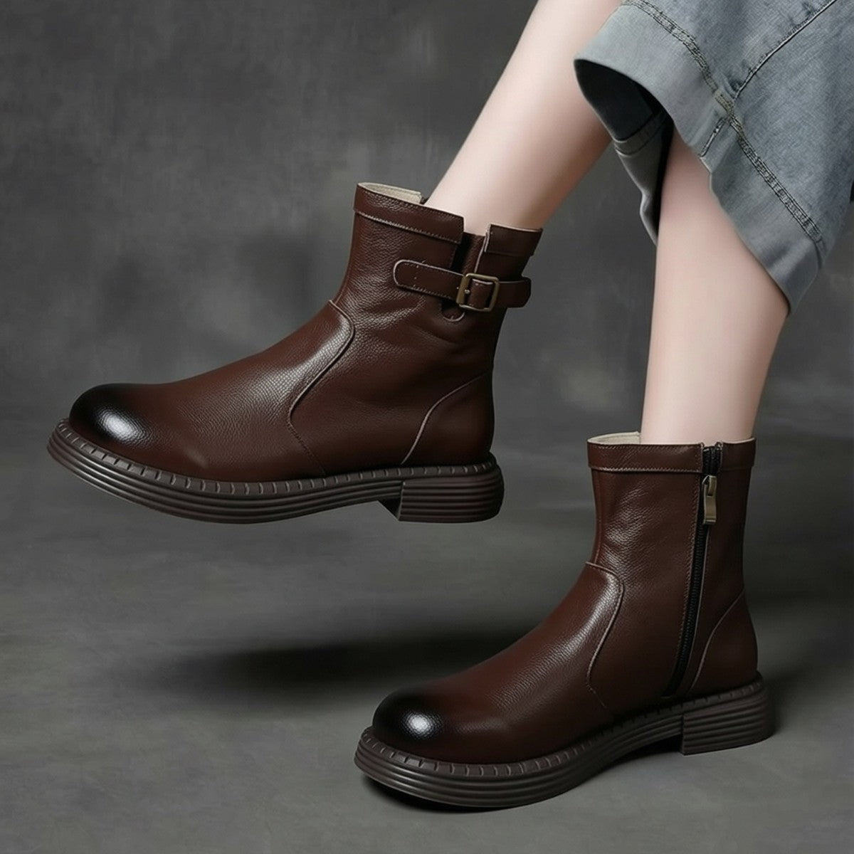 Women's Cowhide Leather Ankle Boots Side Zipper Buckle Strap Casual Low Heel Booties