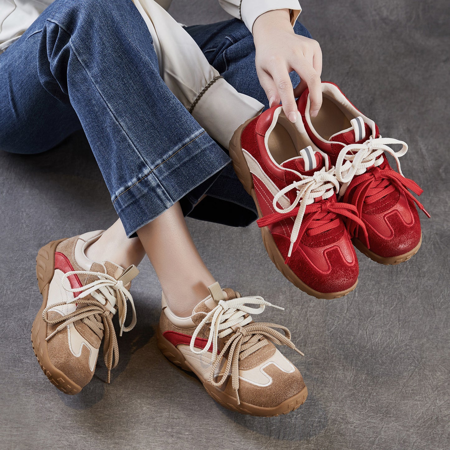 Women’s Leather Patchwork Trainers – Lightweight Spring Lace-Up Casual Shoes