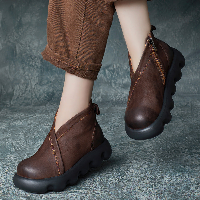 Women's Genuine Leather Platform Ankle Boots – Lightweight Chunky Sole Boots