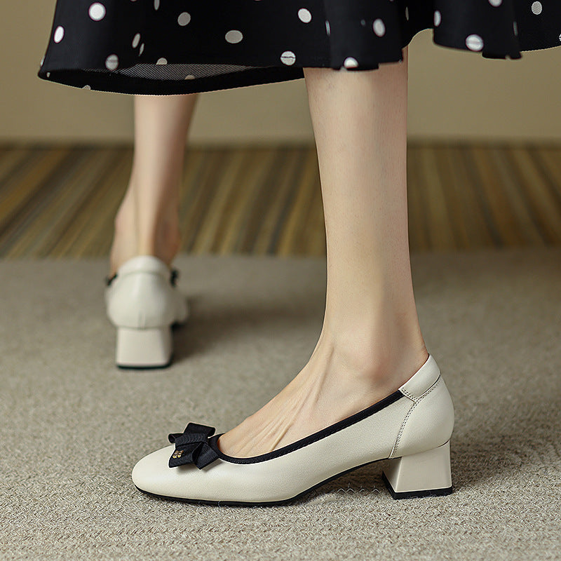 Women's Leather Ballet Flats - Round Toe with Elegant Bow Detail