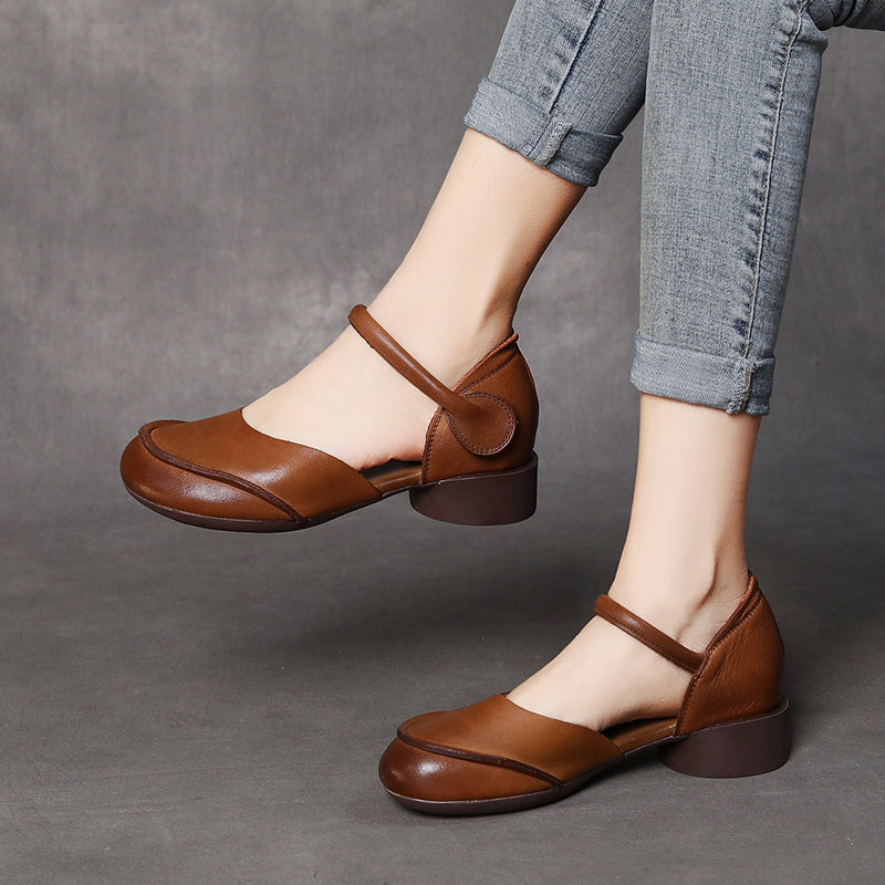 Women’s Genuine Leather Closed Toe Sandals – Retro Low Block Heel Velcro Shoes
