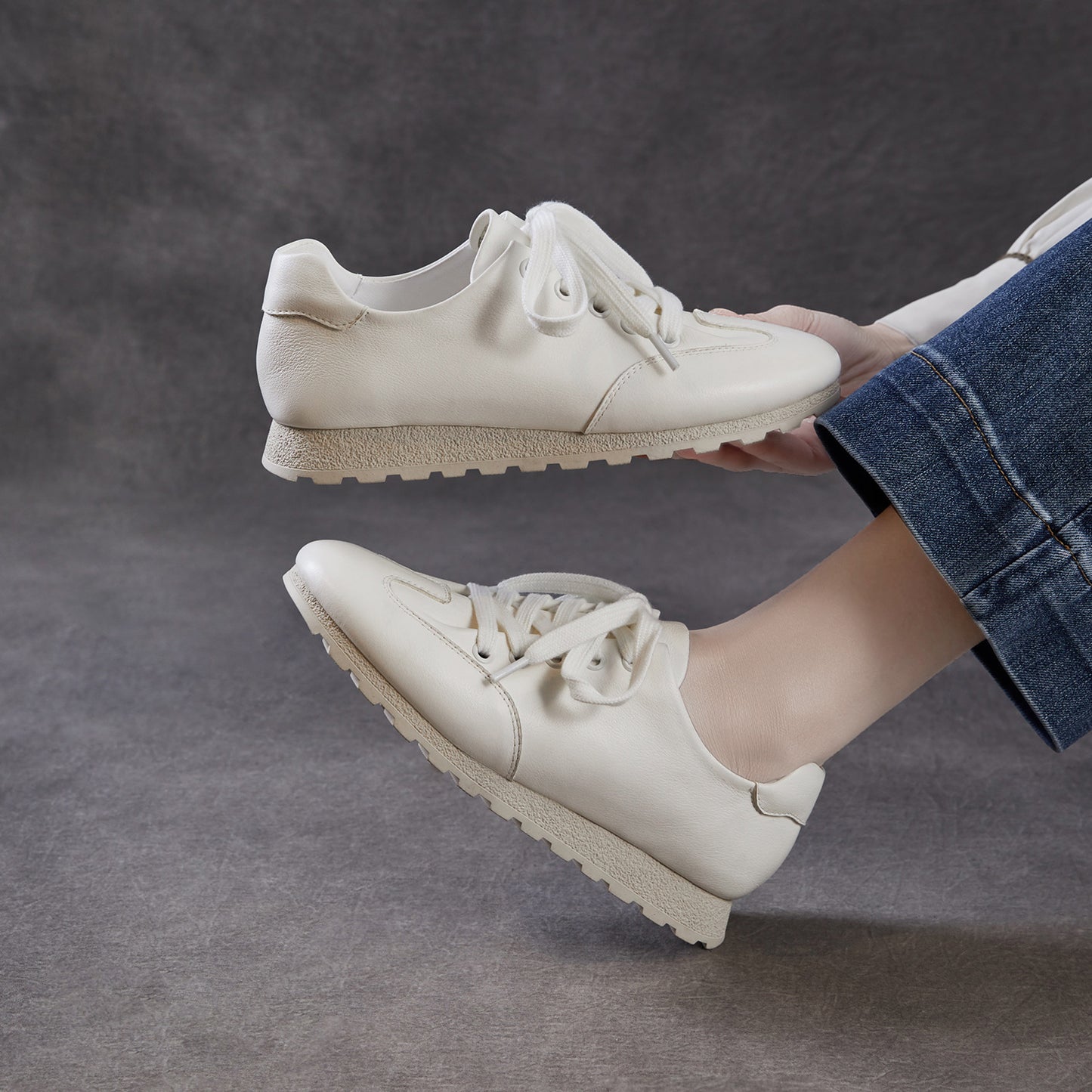 Women's Minimalist Architectural White Trainers - Premium All-Leather Walking Shoes