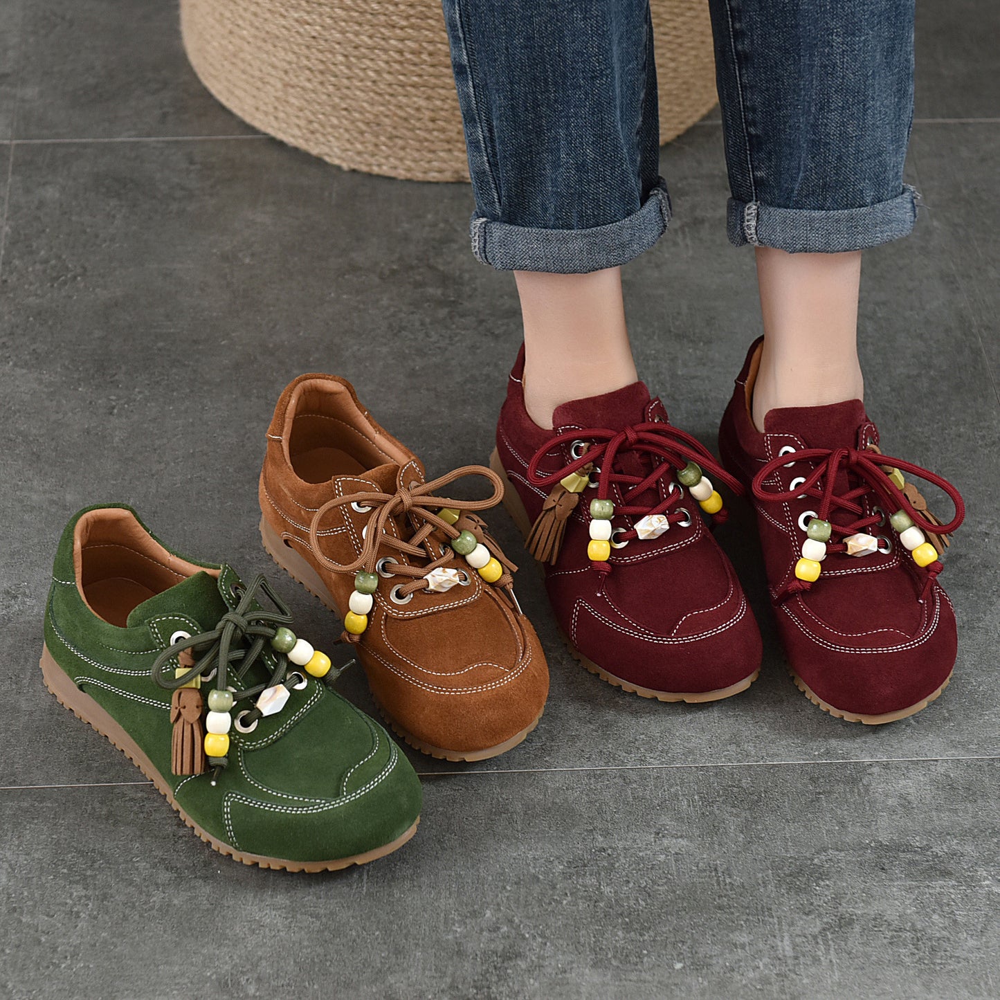 Women’s Spring Retro Beaded Leather Sneakers – Casual Lightweight Shoes