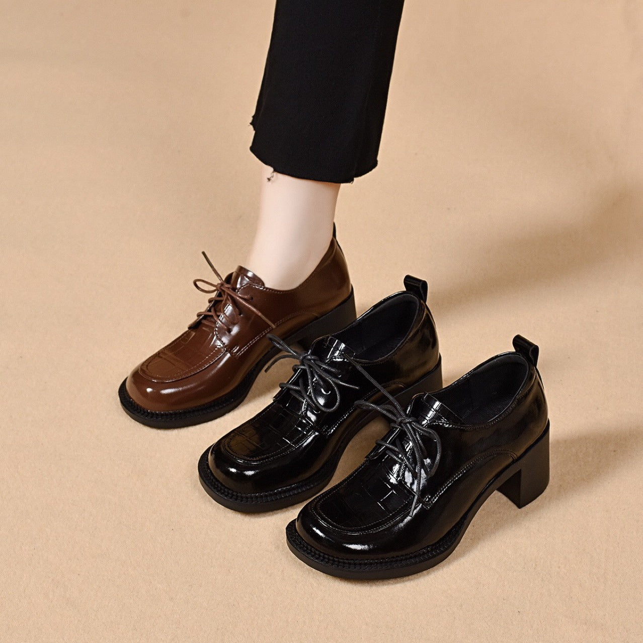 Women’s Patent Leather British Style Lace-Up Block Heel Loafers – Mid Heel Shoes