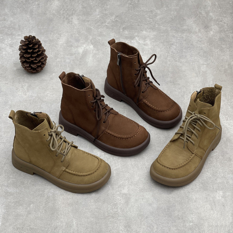 Comfy Vintage Zip Ankle Boots for Women – Lace Up Soft Leather Style