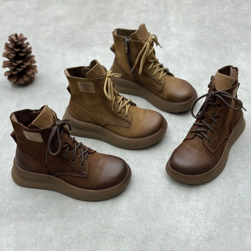 Women's Genuine Leather Vintage Casual Side Zipper Platform Ankle Boots