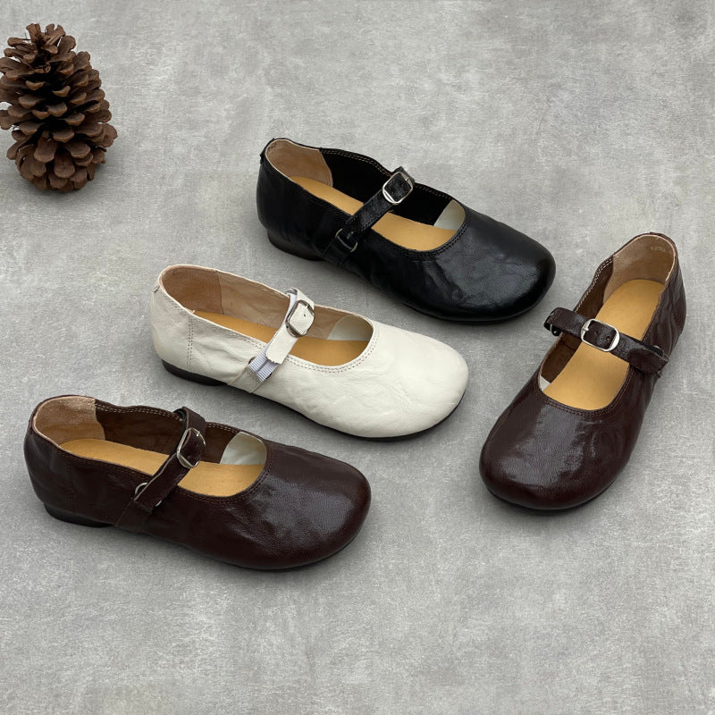 Women’s Handmade Sheepskin Mary Jane Flats – Vintage Round Toe Slip-On Shoes
