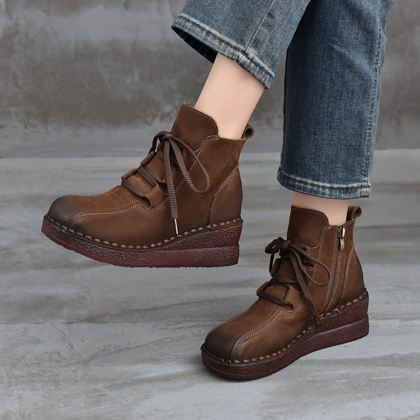 Women's Leather Short Boots – Vintage Wedge Heel Lace-Up Zipper Ankle Shoes