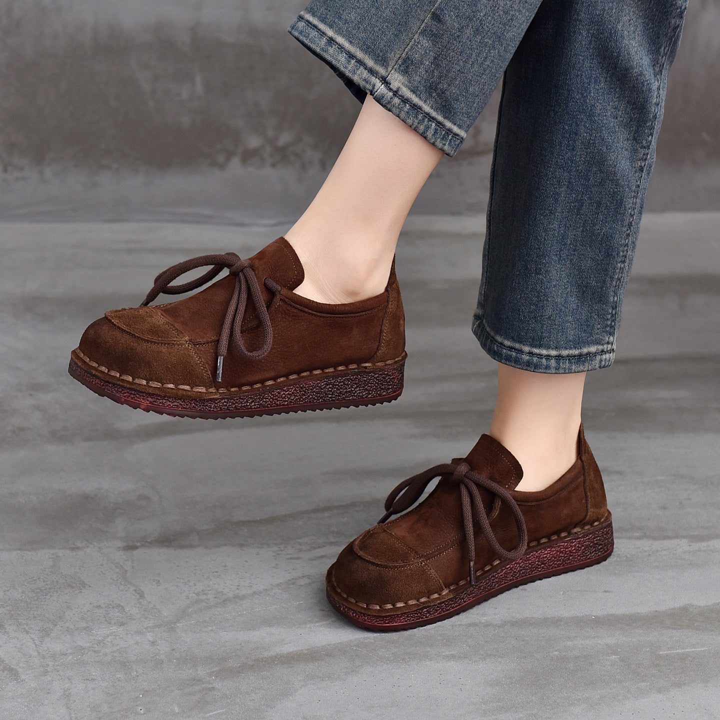 Women's Leather Lace-Up Flat Shoes – Comfortable Patchwork Casual Style