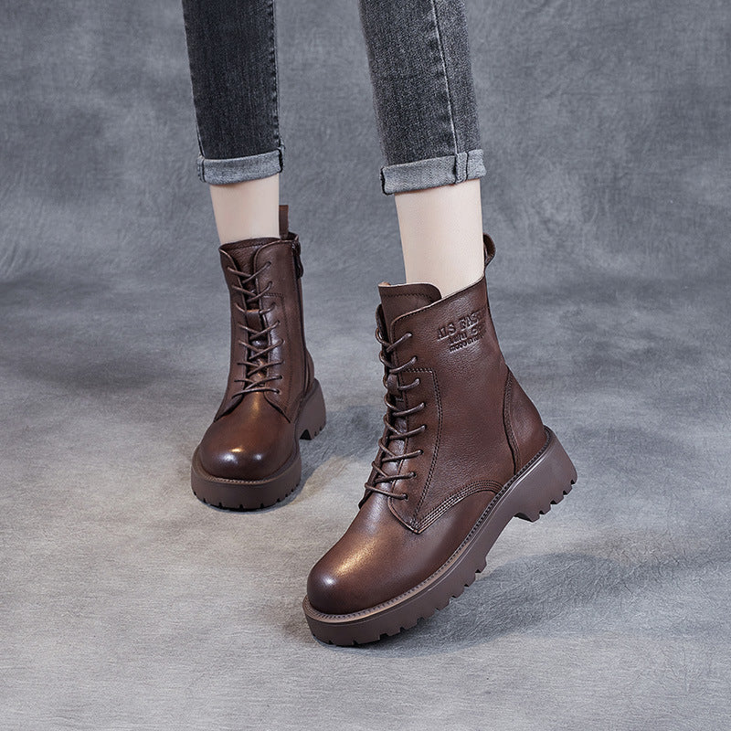 Women's Genuine Leather Casual Combat Boots with Side Zipper Closure