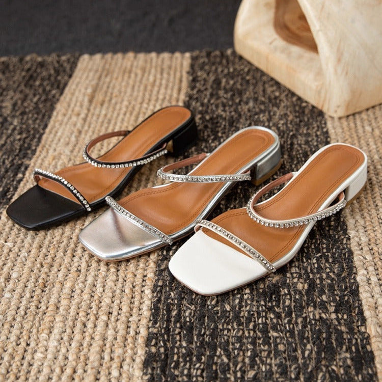 Women's Rhinestone Low Heel Sandals – Minimalist French Style for Summer