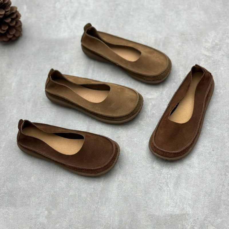 Women’s Minimalist Handmade Leather Slip-On Flats – Round Toe Casual Shoes