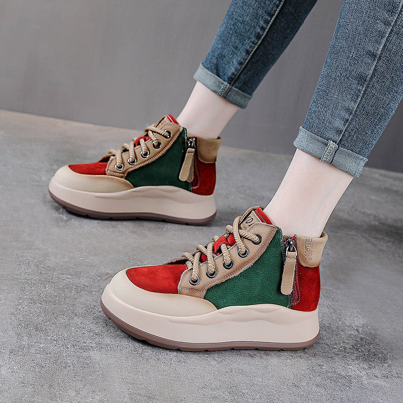 Women’s Leather Colour-Block High-Top Platform Boots – Side Zip Casual Shoes