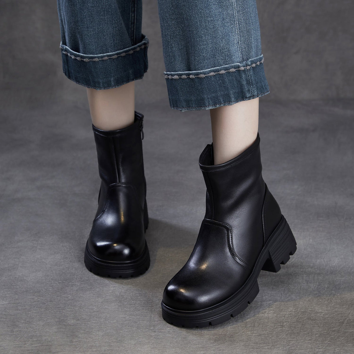 Women's Top-Grain Leather Ankle Boots Chunky Platform Block Heel Side Zipper Booties