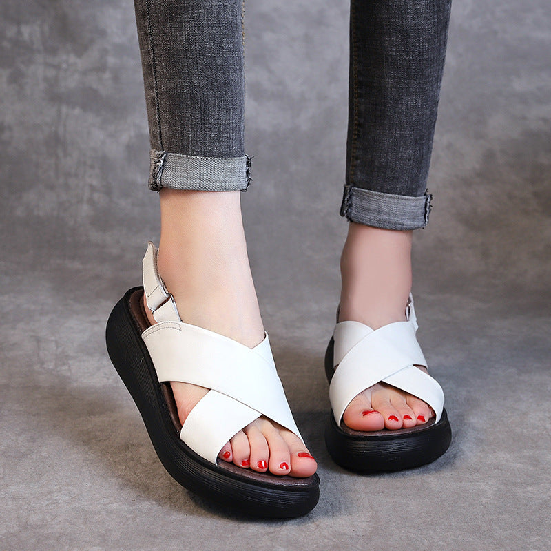 Women's Leather Open Toe Cross Strap Velcro Wedge Heel Sandals