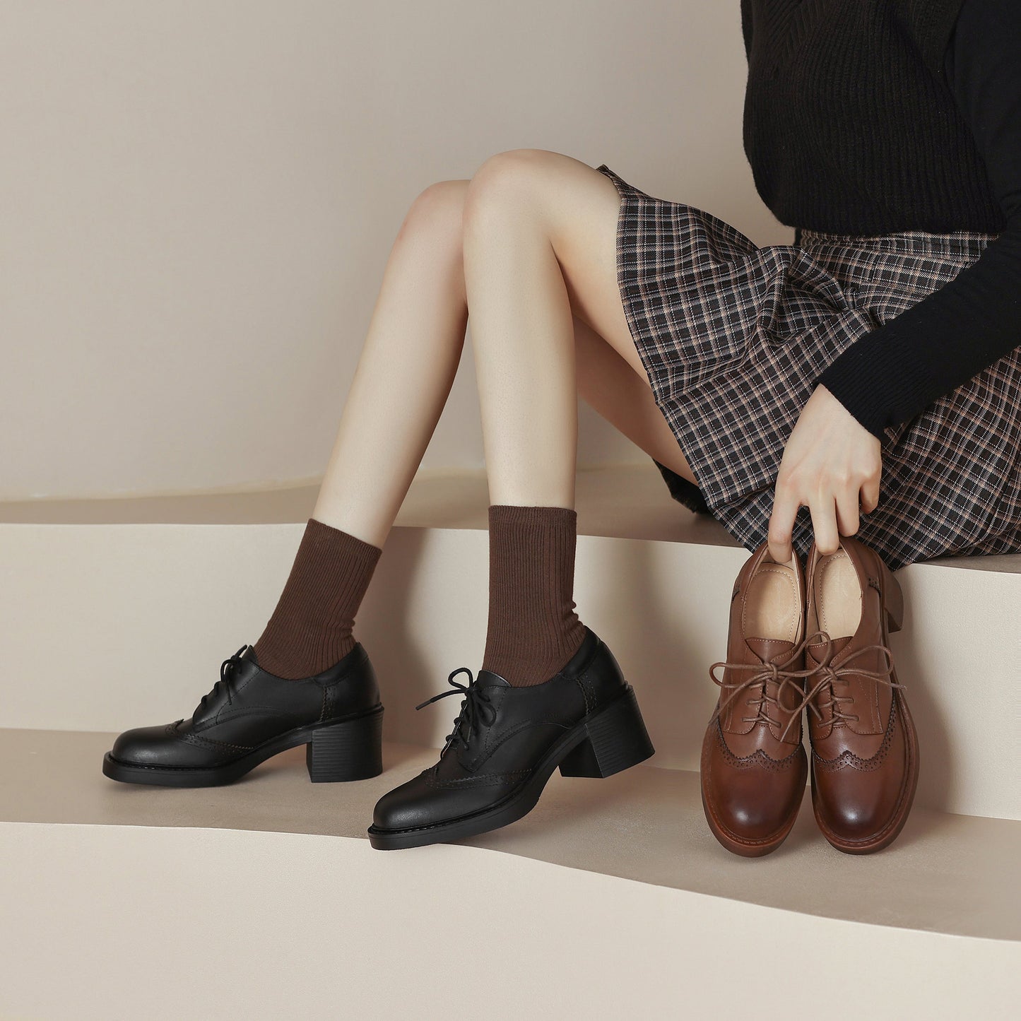 Lace-up Handmade Block Heel Leather Brogues Women's Heels Shoes