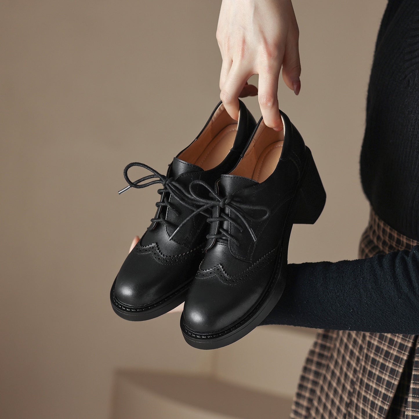 Lace-up Handmade Block Heel Leather Brogues Women's Heels Shoes