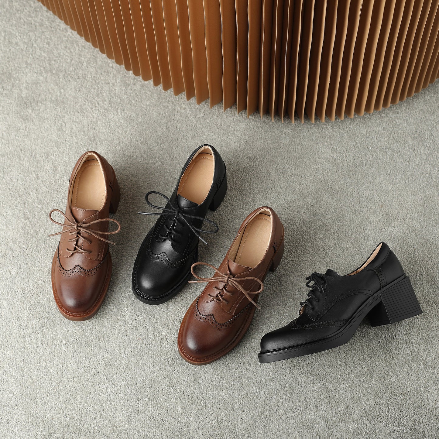 Lace-up Handmade Block Heel Leather Brogues Women's Heels Shoes