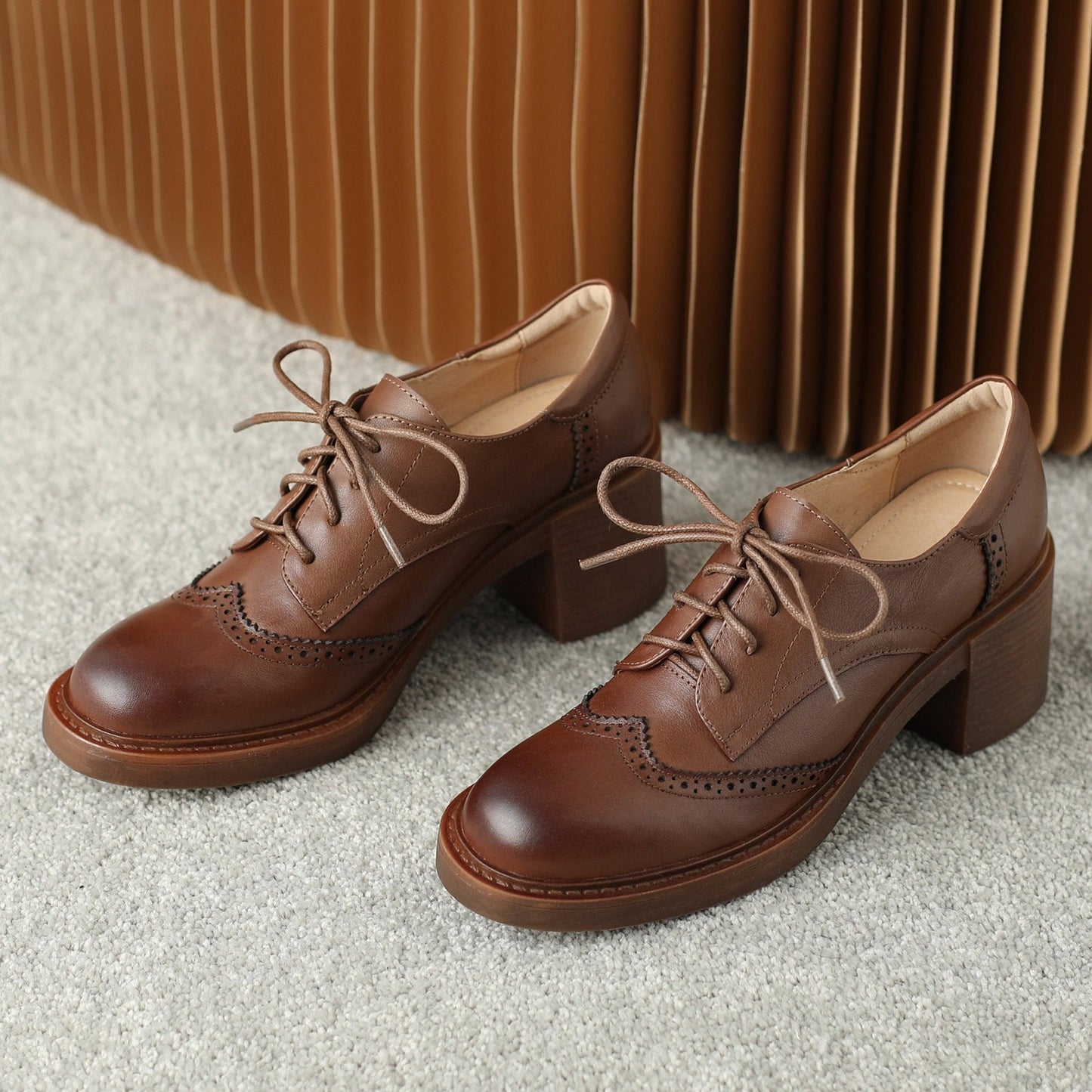 Lace-up Handmade Block Heel Leather Brogues Women's Heels Shoes
