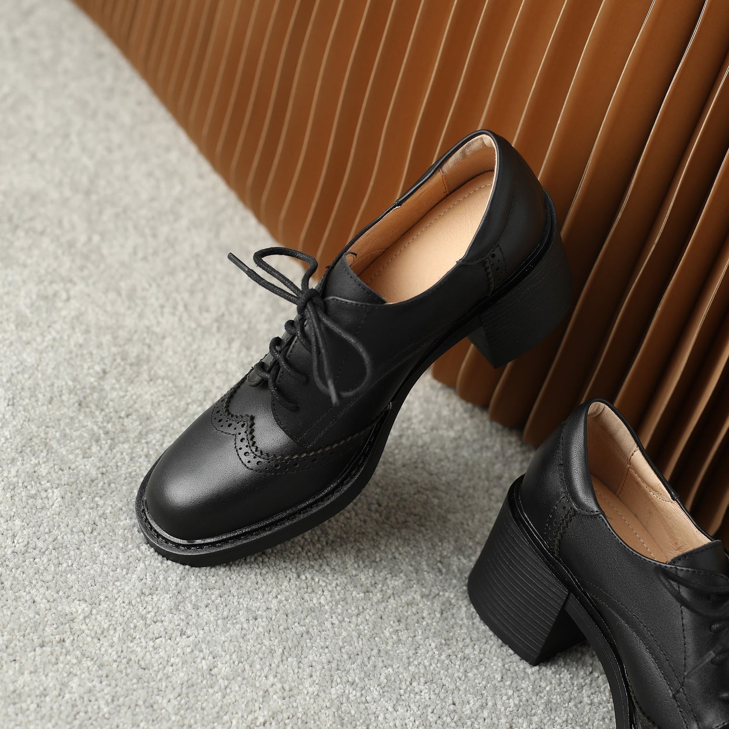 Lace-up Handmade Block Heel Leather Brogues Women's Heels Shoes
