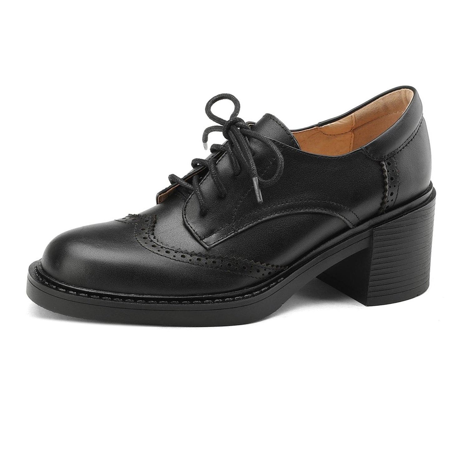 Lace-up Handmade Block Heel Leather Brogues Women's Heels Shoes