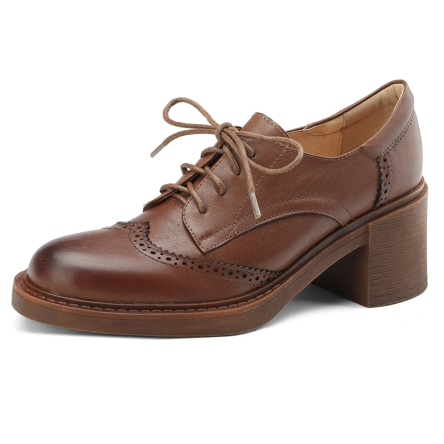 Lace-up Handmade Block Heel Leather Brogues Women's Heels Shoes