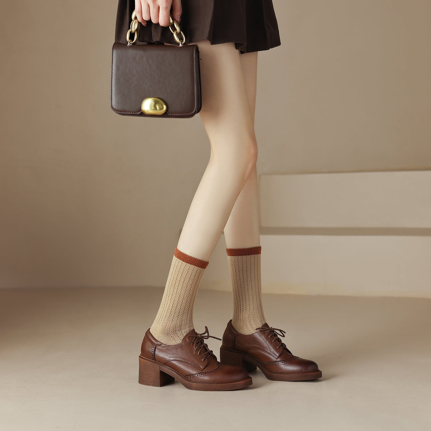 Lace-up Handmade Block Heel Leather Brogues Women's Heels Shoes