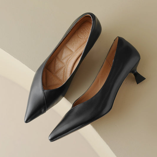 Pointed Toe Leather Low Kitten Heel Pump Women's Shoes