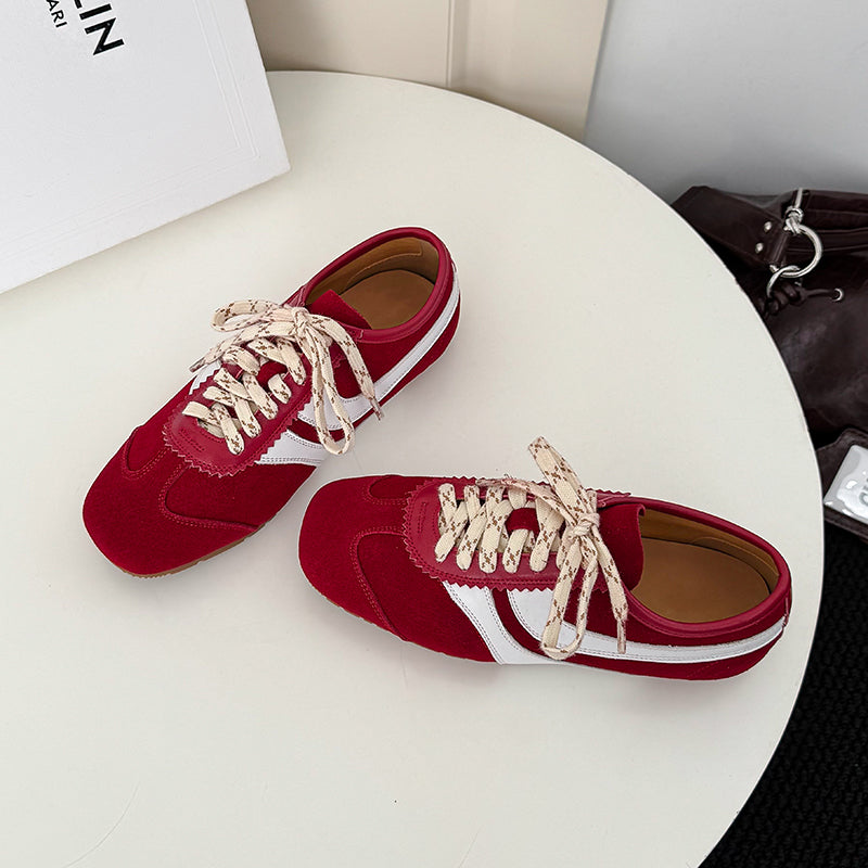 Women's Retro Suede Sneakers Vintage German Trainer Lace-up Casual Flats