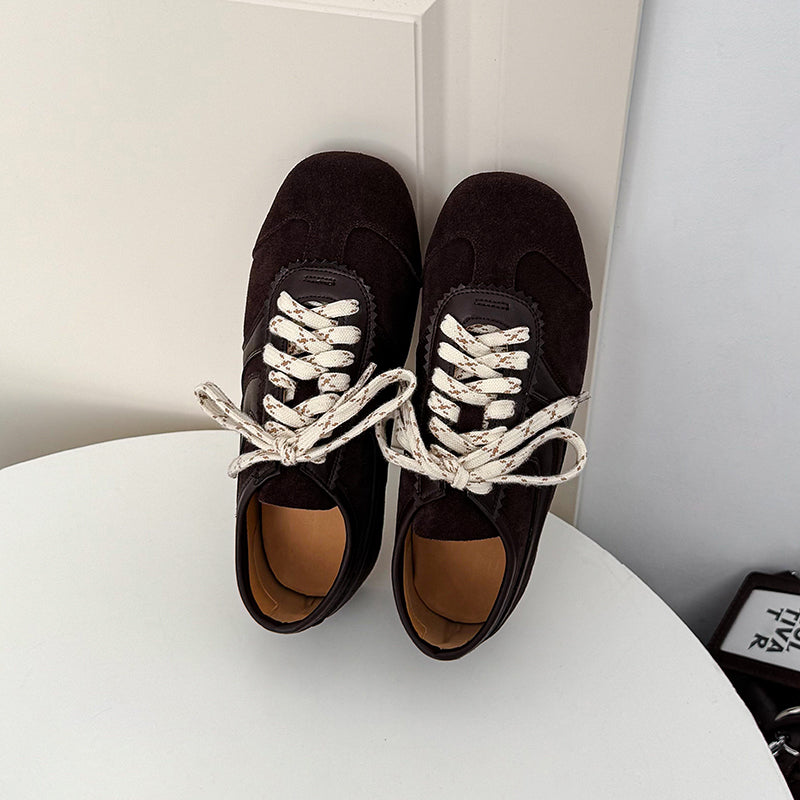 Women's Retro Suede Sneakers Vintage German Trainer Lace-up Casual Flats