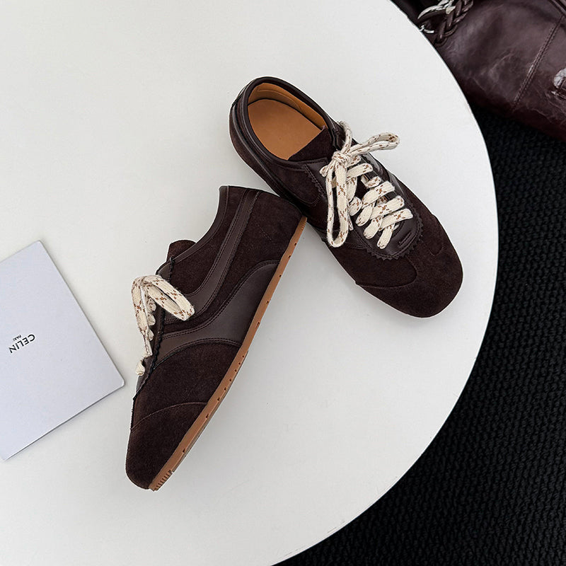Women's Retro Suede Sneakers Vintage German Trainer Lace-up Casual Flats