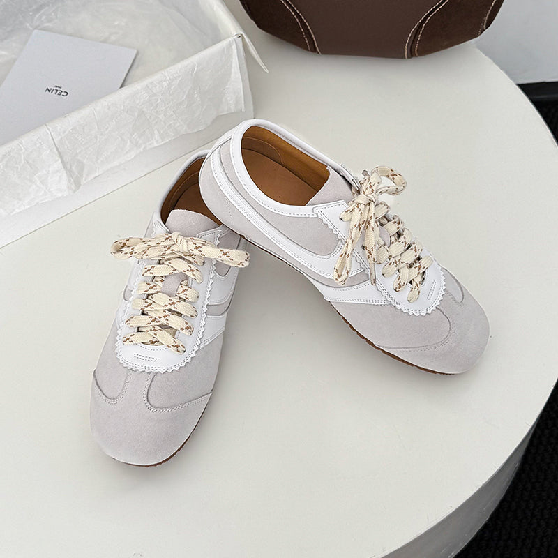 Women's Retro Suede Sneakers Vintage German Trainer Lace-up Casual Flats