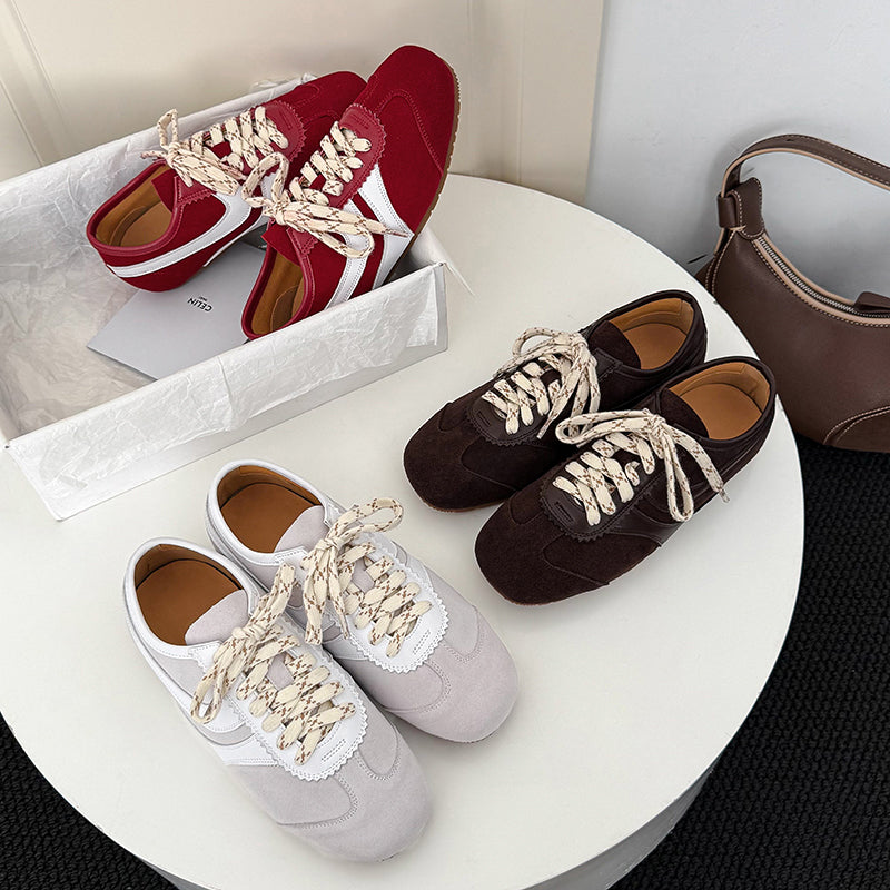 Women's Retro Suede Sneakers Vintage German Trainer Lace-up Casual Flats