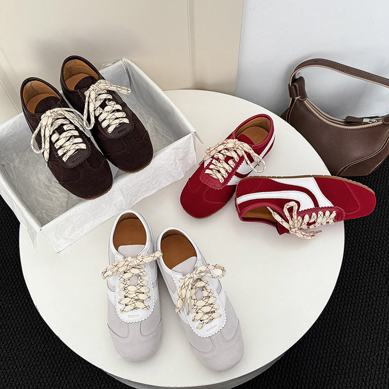 Women's Retro Suede Sneakers Vintage German Trainer Lace-up Casual Flats