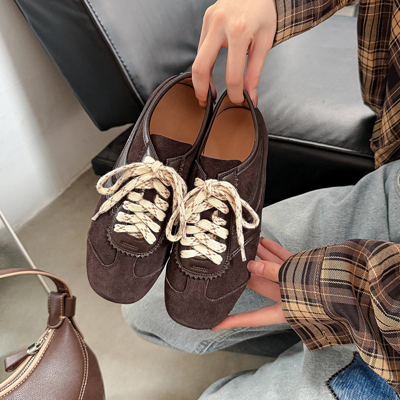 Women's Retro Suede Sneakers Vintage German Trainer Lace-up Casual Flats