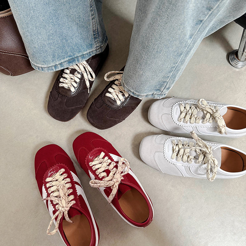 Women's Retro Suede Sneakers Vintage German Trainer Lace-up Casual Flats