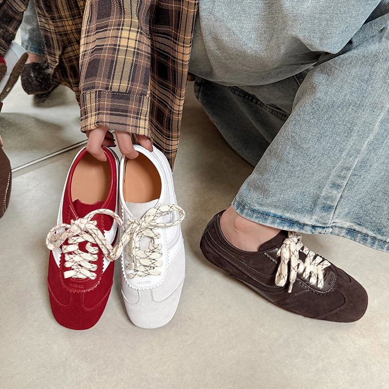 Women's Retro Suede Sneakers Vintage German Trainer Lace-up Casual Flats