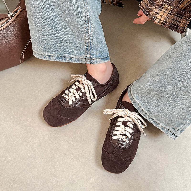 Women's Retro Suede Sneakers Vintage German Trainer Lace-up Casual Flats