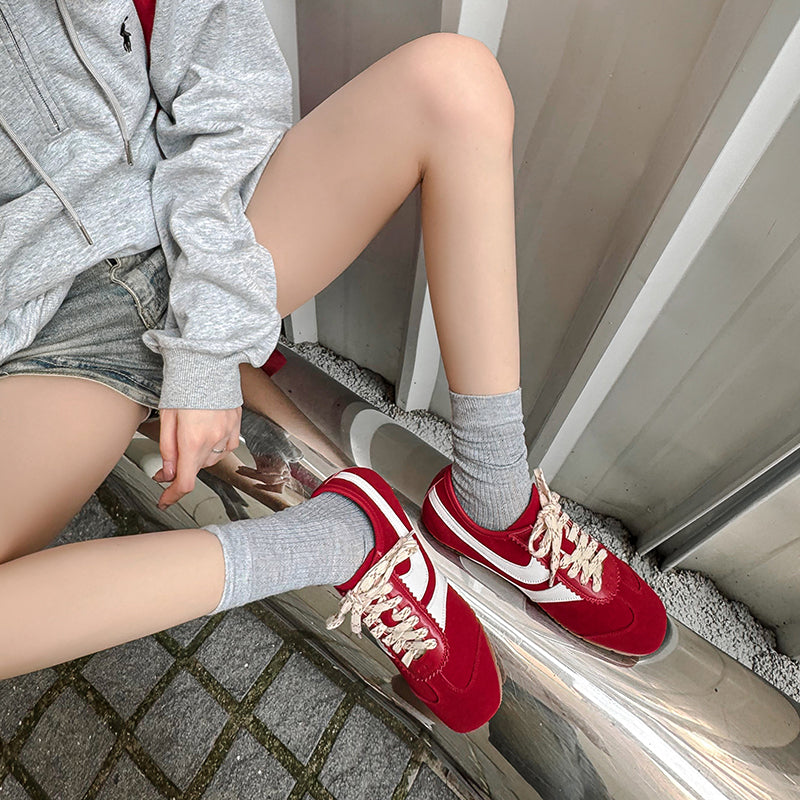 Women's Retro Suede Sneakers Vintage German Trainer Lace-up Casual Flats