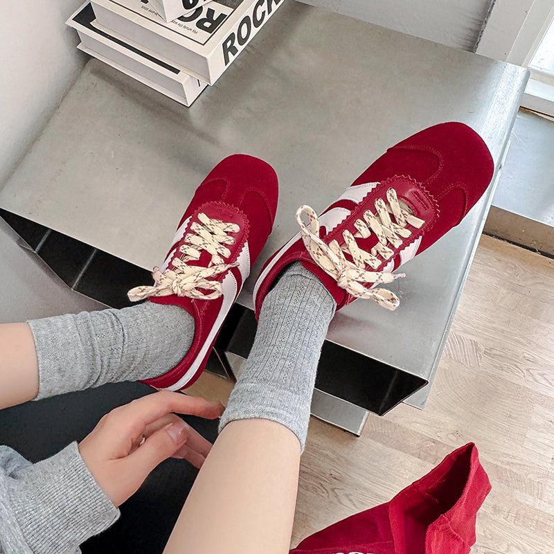 Women's Retro Suede Sneakers Vintage German Trainer Lace-up Casual Flats