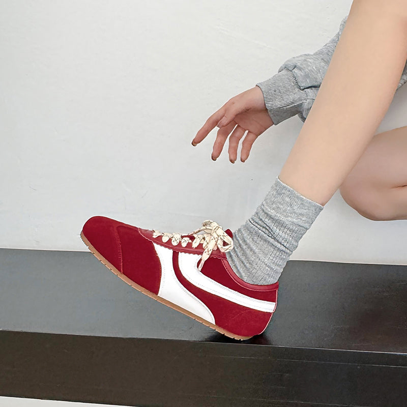 Women's Retro Suede Sneakers Vintage German Trainer Lace-up Casual Flats