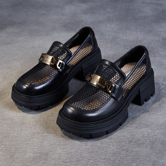 Women's Leather & Mesh Loafers Platform Lug Sole Breathable Hybrid Shoes
