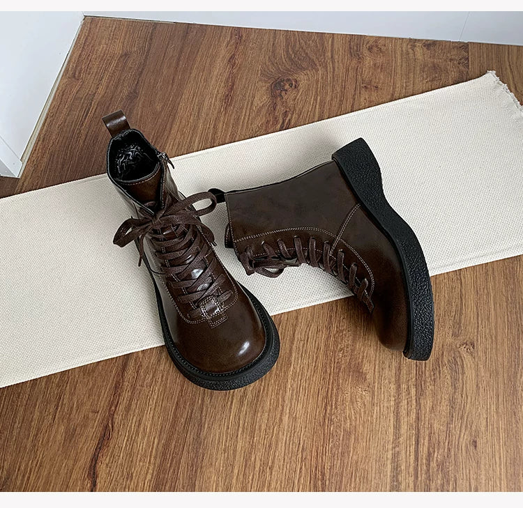 Women's Ankle Boots Lace Up Mid Calf Combat Booties Platform Low Heel