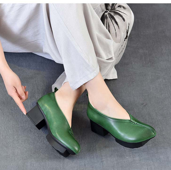 Women's Block Heel Leather High Heels – Slip-On Japanese Design