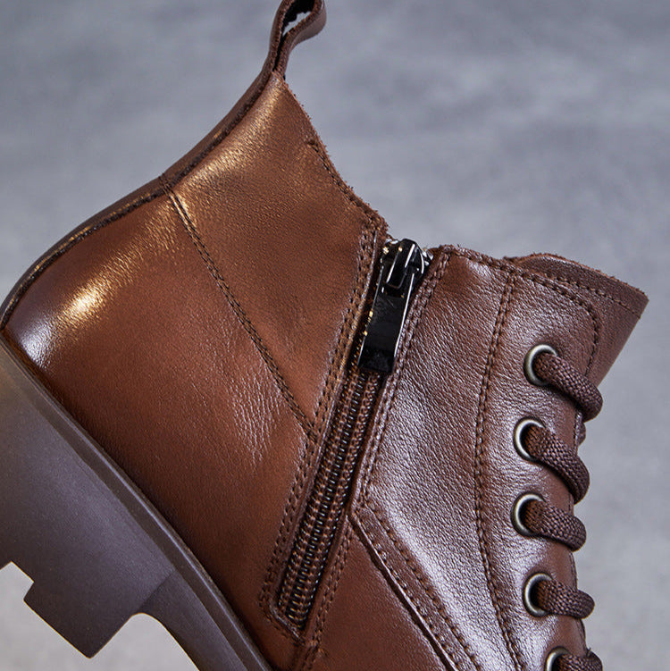 Women's Genuine Leather Casual Ankle Boots – Round Toe with Side Zipper