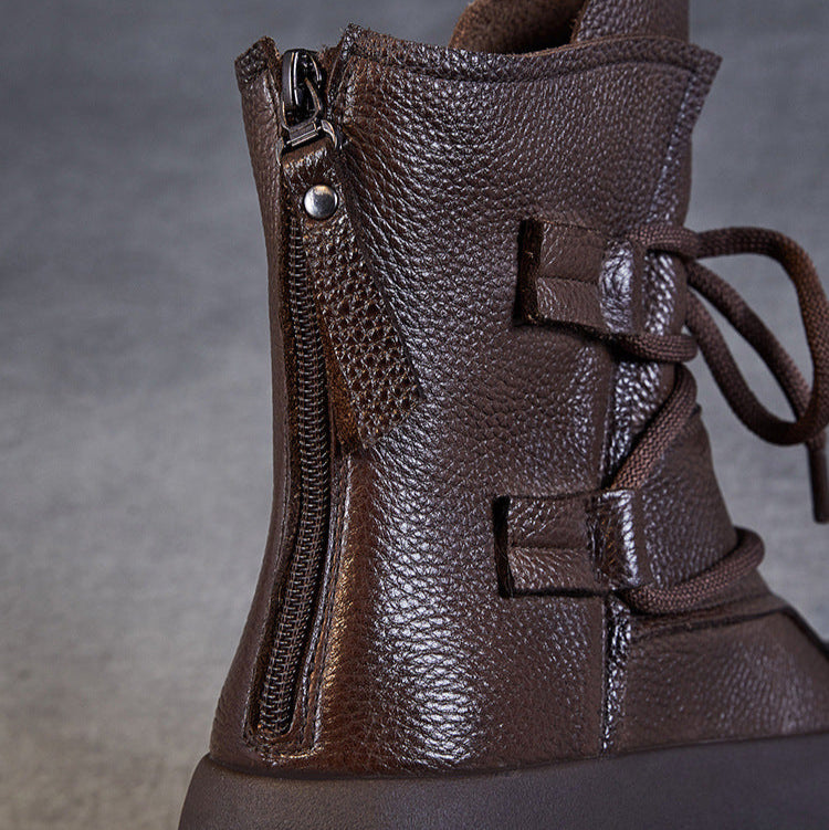 Women's Lace-Up Platform Boots – Genuine Leather Casual Back Zipper Boots