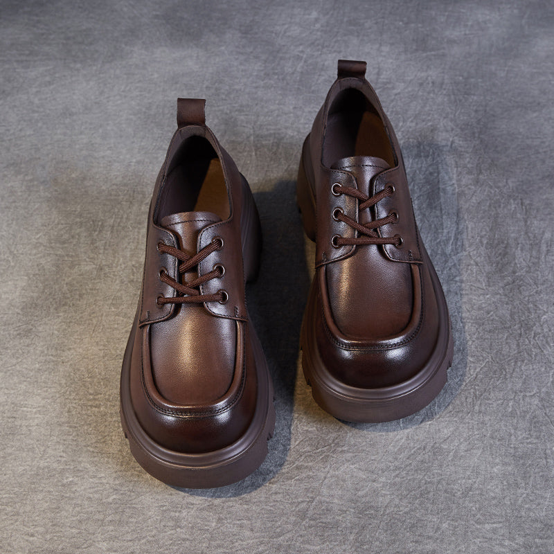 Women's Leather Chunky Heel Lace-Up Oxfords