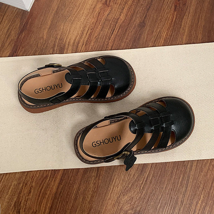 Women's Casual Closed-Toe Flat Roman Sandals with Velcro Straps